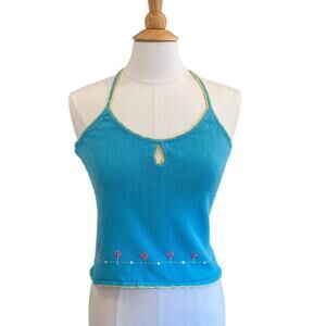 Bright Blue and Yellow Cropped Sweater Halter Top, Embroidered Floral Print, M